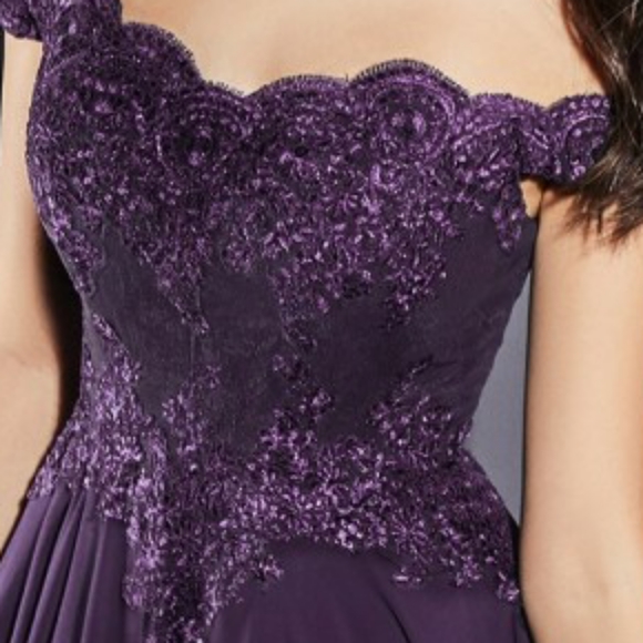 black, champagne, pink, blue, purple off shoulder lace flowy chiffon skirt gown - Picture 6 of 10